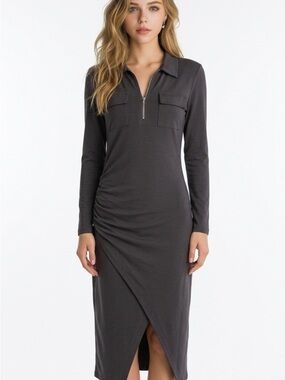 Long Sleeve Charcoal Zip Polo Wrap Midi Dress